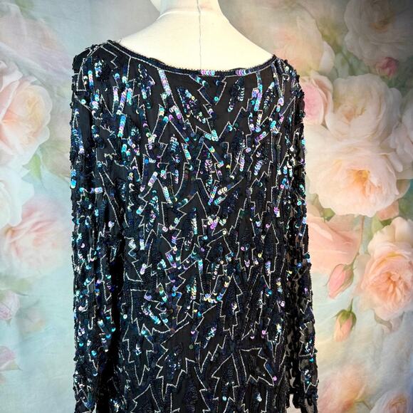 Vintage Saint Honore 100% Silk Beaded & Sequin Jagged Edge Midi Shift Dress - Picture 9 of 10